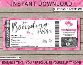 Boarding Pass Party Invitation Birthday Destination Event Printable Template - Plane Ticket Invite - INSTANT DOWNLOAD - EDITABLE text - Pink