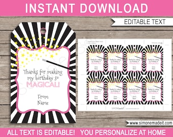 Magic Birthday Party Favor Tags: Pink, Editable Text (INSTANT DOWNLOAD)