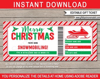 Snowmobile Ticket Template - Printable Christmas Winter Trip Pass Gift Certificate Voucher Coupon - Skidoo Sled - INSTANT DOWNLOAD