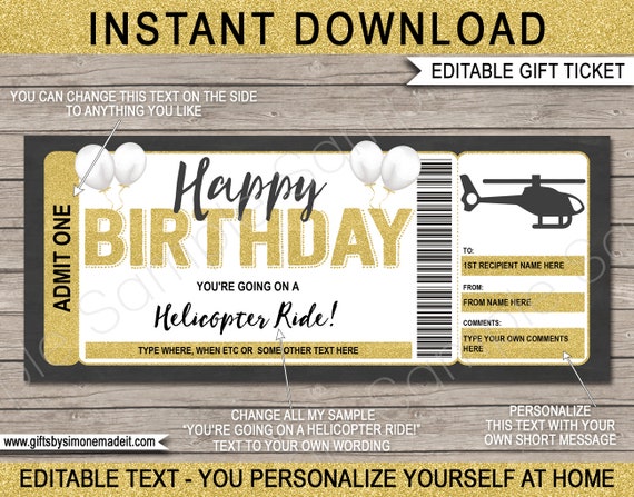 Helicopter Ride Ticket Template Gift Certificate Voucher Card Printable - Birthday Gift Experience - INSTANT DOWNLOAD with EDITABLE text Il_570xn