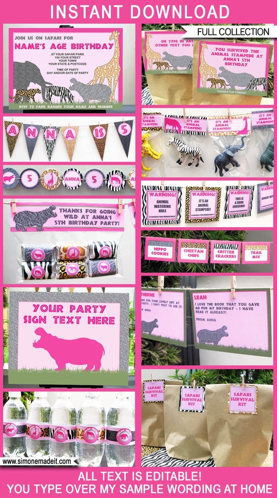 Pink Zoo Safari Birthday Party Invitation Decorations Printable Templates - Full Package - Girls - INSTANT DOWNLOAD with EDITABLE text Il_570xn