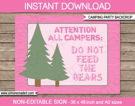 Girl Camping Party Backdrop or Sign - "Do Not Feed the Bears" - Pink - Camping Birthday Party - INSTANT DOWNLOAD - 36x48 inches & A0 sizes Il_570xn