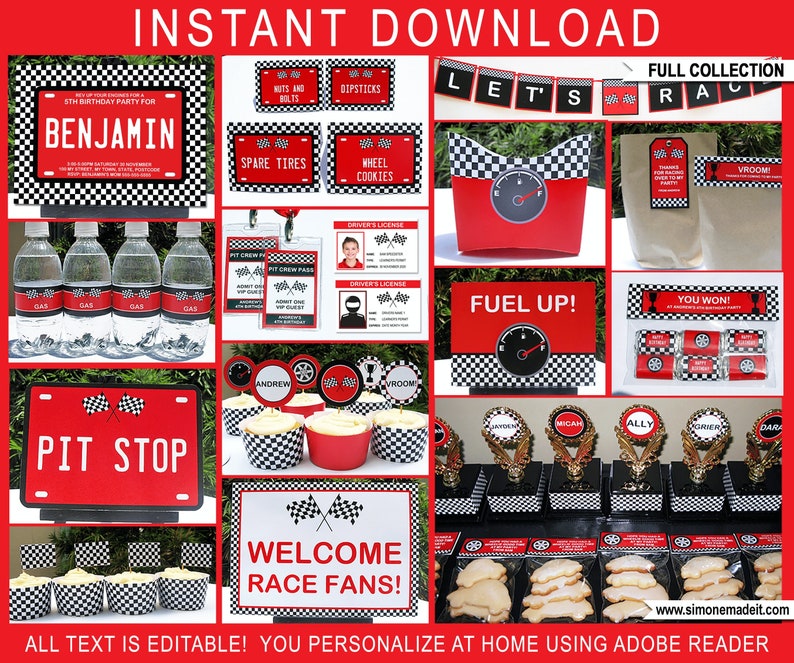 Race Car Party Printable Decorations & Invitation Template Bundle - Two Fast / Fast One Birthday Theme - Racing Car Invite - Food Labels - Pit Crew Passes - Drivers License - Pit Stop Sign - Birthday Theme -INSTANT DOWNLOAD - EDITABLE Text