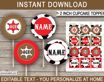 Printable Cowboy Cupcake Toppers Template - Birthday Party Decorations - 2" Toppers or Gift Tags - INSTANT DOWNLOAD - EDITABLE text