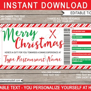 Kerst Restaurant Cadeaubon Certificaat Ticket Afdrukbare sjabloon, Cadeau van een avondje uit, INSTANT DOWNLOAD met BEWERKBARE tekst
