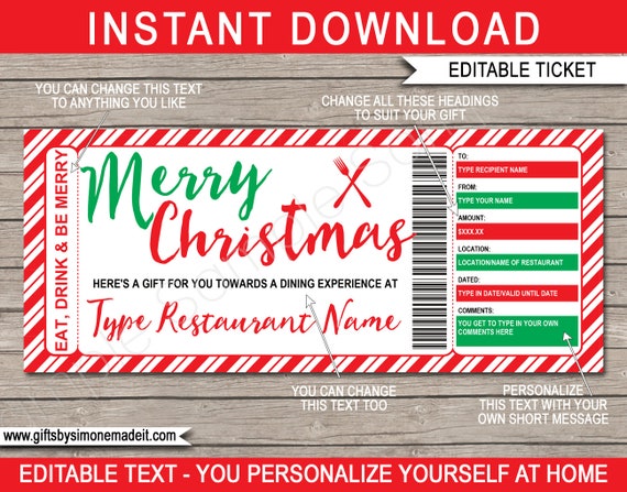 Christmas Restaurant Gift Voucher Certificate Ticket Printable Template