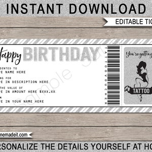 Plantilla de vale de regalo de tatuaje - Cupón de tarjeta de certificado de boleto de regalo de cumpleaños imprimible - Entintado - DESCARGA DE TEXTO EDITABLE - usted personaliza