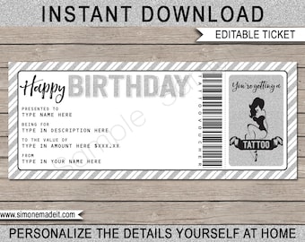 Tattoo Gift Voucher Template - Printable Birthday Gift Ticket Certificate Card Coupon - Get Inked - EDITABLE TEXT DOWNLOAD - you personalize
