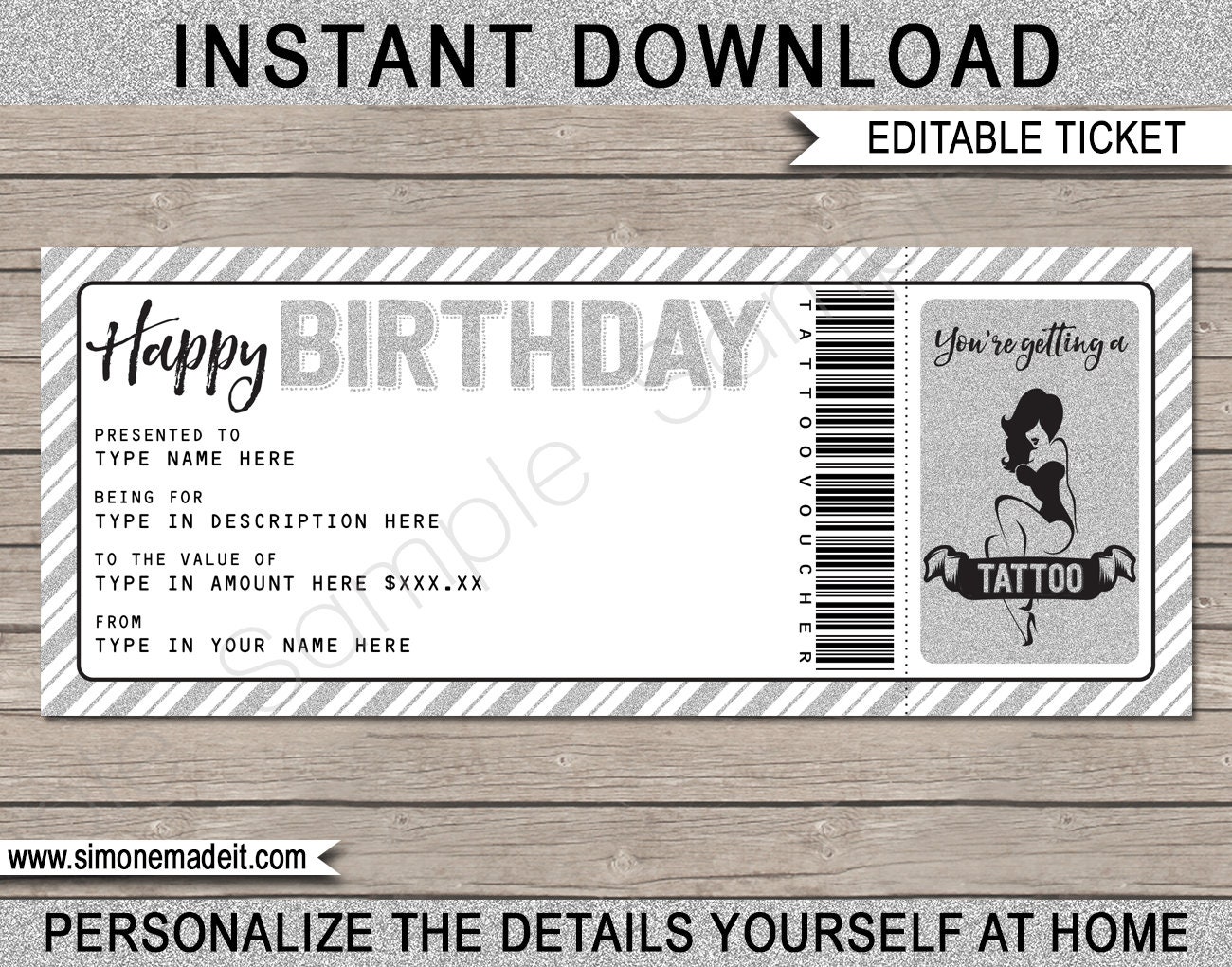Tattoo Gift Voucher Template Printable Birthday Gift Ticket - Etsy UK