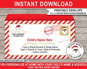 Black Santa Envelope Template - Printable Christmas Letter from Santa North Pole - INSTANT DOWNLOAD - EDITABLE Name & Address