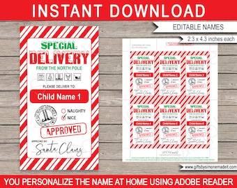 Gift Tags from Santa Printable Template - Custom Personalized Special Delivery from Santa's Workshop North Pole - EDITABLE NAMES