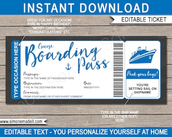 Printable Cruise Ticket Template Boarding Pass Gift Voucher - Surprise Cruise Reveal Coupon Card Idea - Blue Boat - EDITABLE TEXT DOWNLOAD