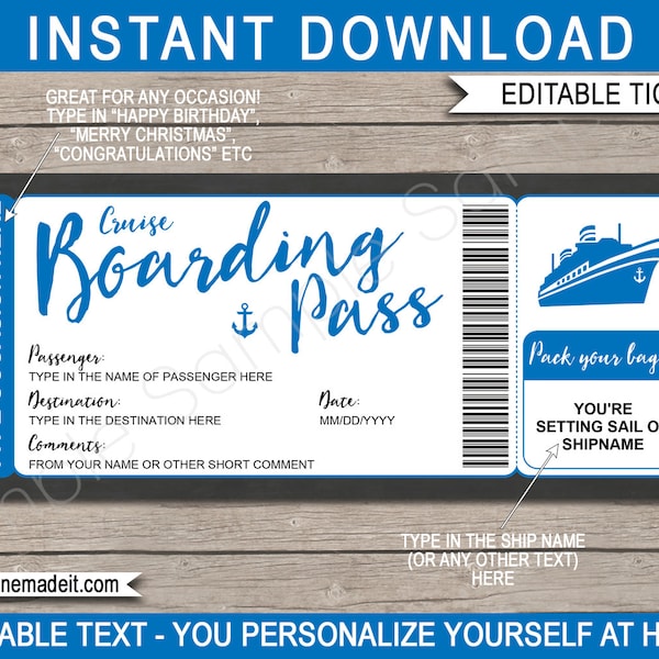 Druckbare Cruise Ticket Vorlage Bordkarte Geschenkgutschein - Surprise Cruise Reveal Coupon Card Idee - Blaues Boot - EDITIERBARER TEXT DOWNLOAD