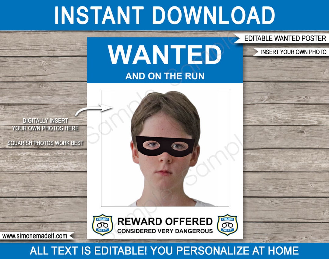 Police Wanted Poster Template Printable Birthday Party Decorations