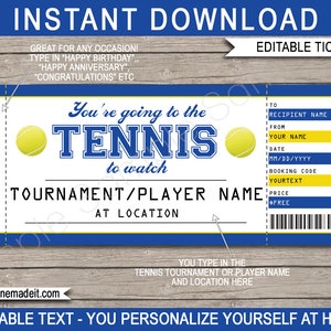 Modello regalo stampabile per biglietto di tennis modificabile per ogni occasione - Rivelazione del torneo di una partita di tennis a sorpresa - DOWNLOAD IMMEDIATO - si modifica