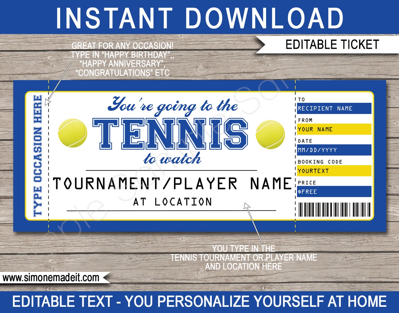 Editable Tennis Ticket Printable Gift Template for Any Occasion - Surprise  Tennis Match Tournament Reveal - INSTANT DOWNLOAD - you edit Regarding Tennis Gift Certificate Template