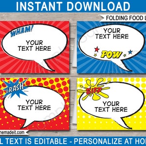 Superhero Food Labels Template - Printable Birthday Party Decorations - Custom Personalized Tags - Place Cards - EDITABLE TEXT DOWNLOAD