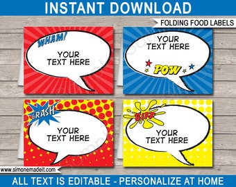 Superhero Food Labels Template - Printable Birthday Party Decorations - Custom Personalized Tags - Place Cards - EDITABLE TEXT DOWNLOAD