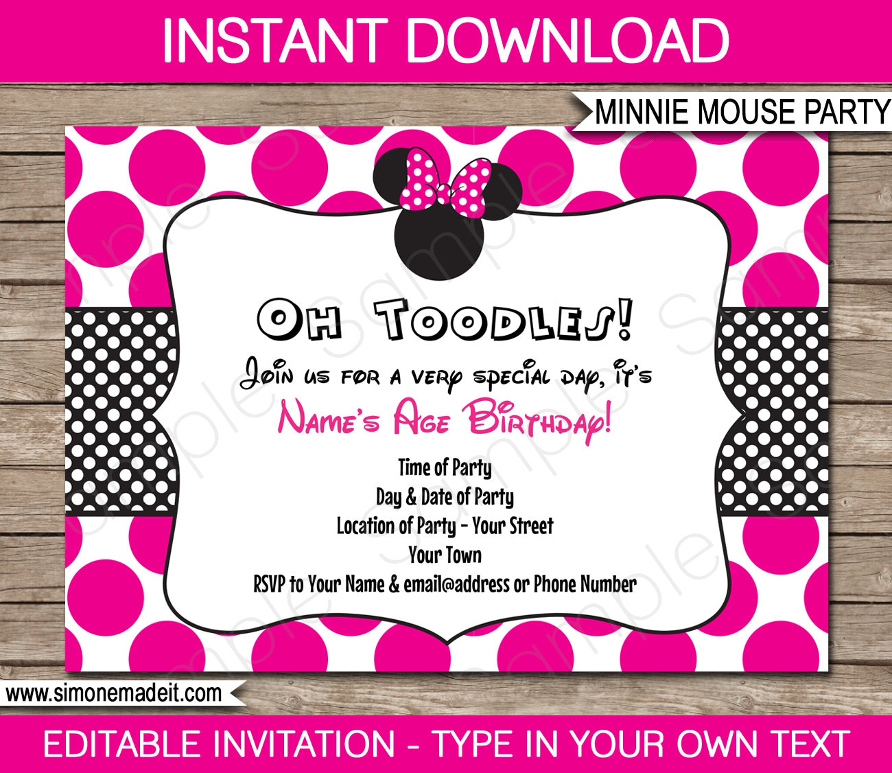 Minnie Mouse Invitation Template - Birthday Party - Pink - INSTANT DOWNLOAD  with EDITABLE text - you personalize at home With Regard To Minnie Mouse Card Templates