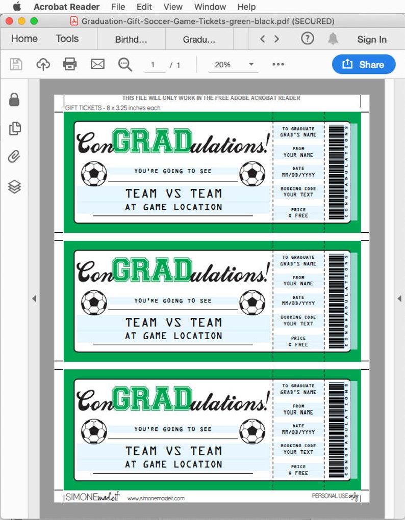 EDITABLE text download Grad Gift Voucher Surprise Ticket to a Soccer Game Soccer Game Ticket Graduation Gift Printable template