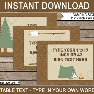 Camping Party Schilder - INSTANT DOWNLOAD mit EDITIERBARE Text - pdf Vorlagen - 11x17 Zoll und A3 Größen