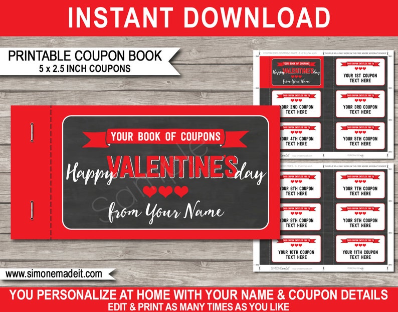 Valentines Day Coupon Book Printable Template Last Minute Gift Voucher Certificate Personalized INSTANT DOWNLOAD with EDITABLE text image 1