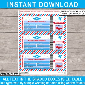 May include: Printable airplane-themed birthday party invitation with red, white, and blue stripes. The invitation is formatted like a boarding pass with editable text boxes for the child's name, age, and party details. The text "Welcome Aboard!" and "Your Boarding Pass" are also included.