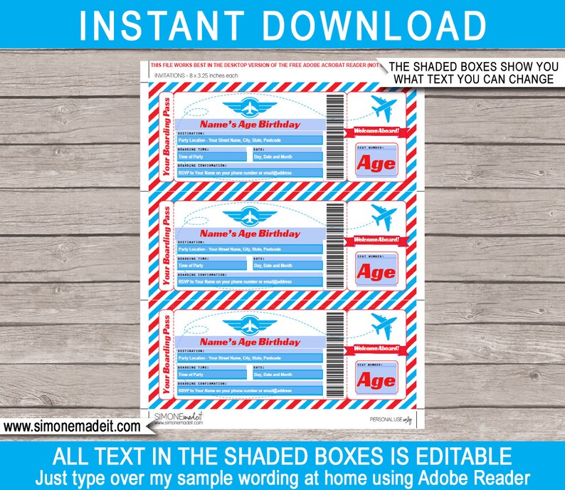 May include: Printable airplane-themed birthday party invitation with red, white, and blue stripes. The invitation is formatted like a boarding pass with editable text boxes for the child's name, age, and party details. The text "Welcome Aboard!" and "Your Boarding Pass" are also included.