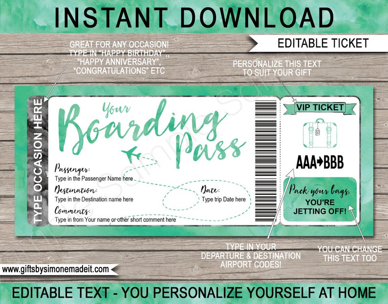 Fake Boarding Pass Template Plane Ticket Gift Printable, Surprise Airline Airplane Flight Destination Vacation Trip Reveal, INSTANT DOWNLOAD image 1