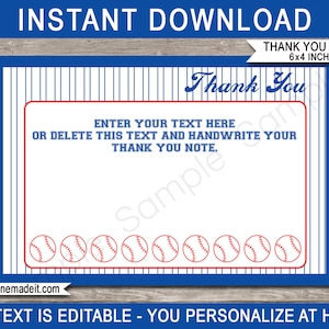 Baseball Party Thank You Notes: 4x6 Editable Favor Tags (Instant Download)