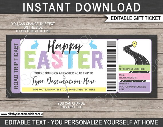 Easter Road Trip Ticket Template Gift Certificate Voucher - Printable Surprise Trip Reveal - Travel Ticket - EDITABLE text INSTANT DOWNLOAD Il_570xn
