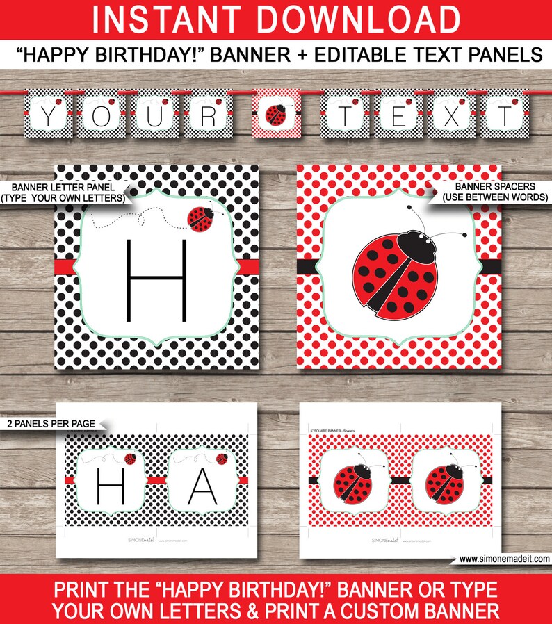 Editable & Printable Ladybug Birthday Party Banner Decorations template