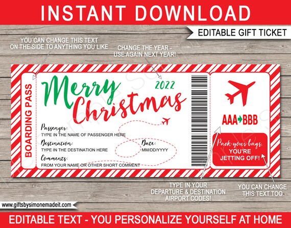 christmas boarding pass template ticket surprise trip reveal flight holiday vacation fake plane ticket instant download editable by simonemadeit catch my party