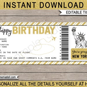 New York Geburtstags Bordkarte Geschenk - Überraschungsreise, Kurzurlaub, Urlaub enthüllen druckbare Flugticket Gutschein Coupon - EDITIERBARER TEXT DOWNLOAD