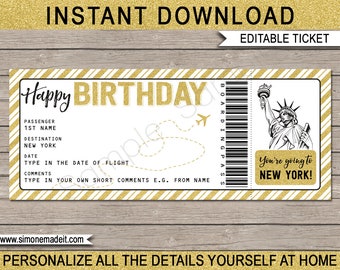 New York Birthday Boarding Pass Gift - Surprise Trip, Getaway, Holiday Reveal Printable Plane Ticket Voucher Coupon - EDITABLE TEXT DOWNLOAD