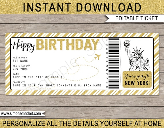 New York Birthday Boarding Pass Gift - Surprise Trip, Getaway, Holiday - Printable Plane Ticket - Voucher - INSTANT DOWNLOAD - EDITABLE text Il_570xn