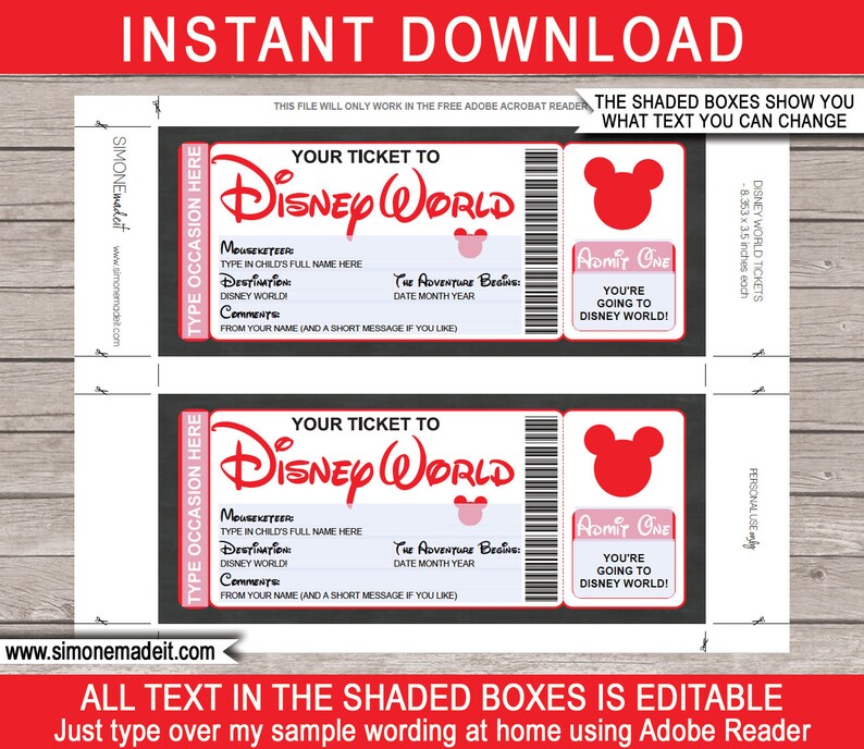 Printable Walt Disney World Trip Ticket Gift Template | Etsy