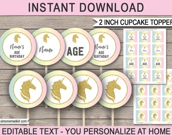 Printable Unicorn Cupcake Toppers - Unicorn Theme Party Decorations - Unicorn Gift Tags - 2 inch - INSTANT DOWNLOAD with EDITABLE text