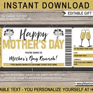 Mothers Day Brunch Coupon Template - Printable Gift Voucher Certificate Card Ticket - Lunch for Mom - INSTANT DOWNLOAD with EDITABLE text