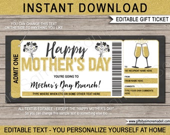 Puede incluir: Ticket de regalo imprimible editable con un diseño negro y dorado. El ticket dice "Feliz Día de la Madre" y "¡Vas a ir al brunch del Día de la Madre!" con espacio para personalizar con el nombre del destinatario, un mensaje y comentarios.