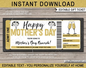 Mothers Day Brunch Coupon Template - Printable Gift Voucher Certificate Card Ticket - Lunch for Mom - INSTANT DOWNLOAD with EDITABLE text