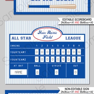 May include: Printable baseball party signs in blue and red with a baseball theme. The signs include a scoreboard, a sign that says "Play Ball!" and a sign that says "Your 11x17 inch or A3 sign".