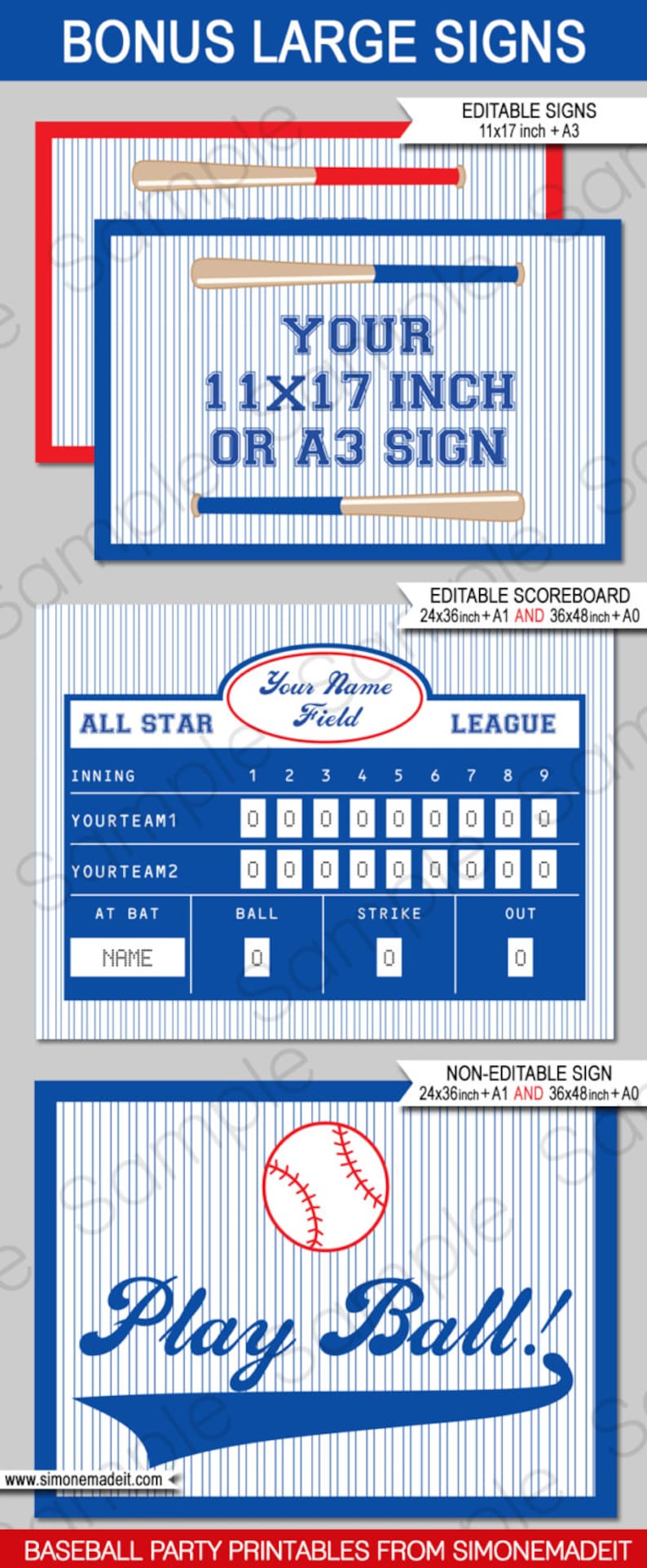 May include: Printable baseball party signs in blue and red with a baseball theme. The signs include a scoreboard, a sign that says "Play Ball!" and a sign that says "Your 11x17 inch or A3 sign".