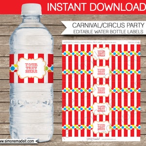 Carnival Water Bottle Labels Template - Printable Birthday Party Decorations - Napkin Wrappers - Circus Theme - INSTANT DOWNLOAD - EDITABLE Text