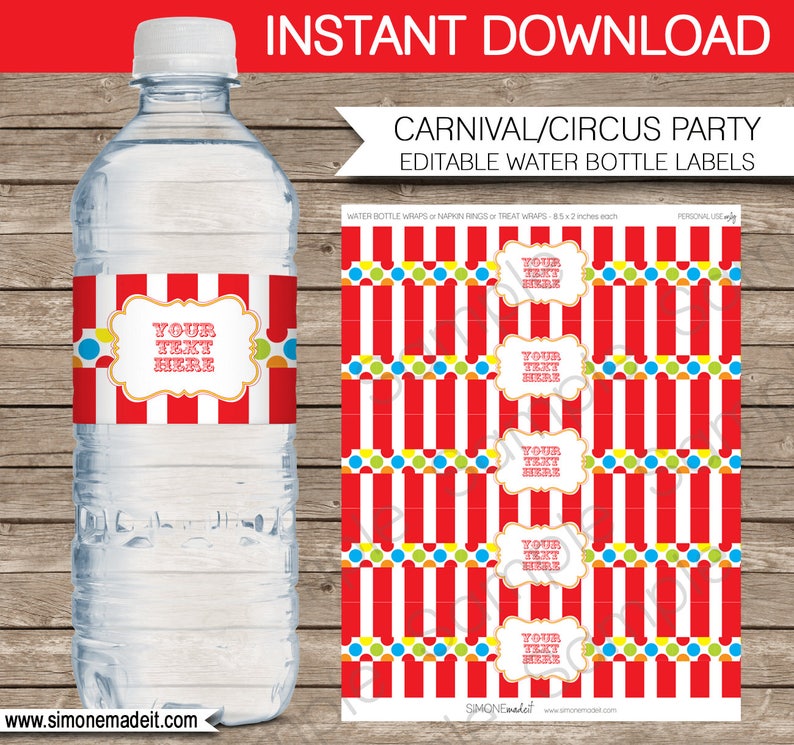 Carnival Water Bottle Labels Template - Printable Birthday Party Decorations - Napkin Wrappers - Circus Theme - INSTANT DOWNLOAD - EDITABLE Text