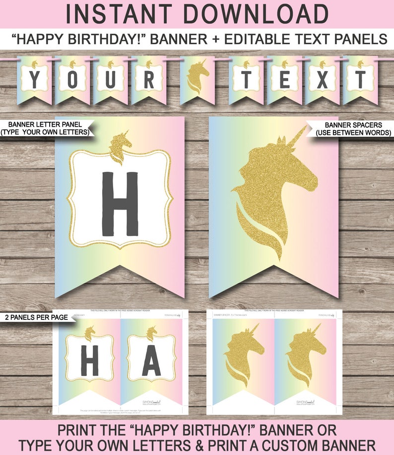 Unicorn Happy Birthday Banner Unicorn Theme Pennant Printable Custom Banner Party Decorations INSTANT DOWNLOAD with EDITABLE text image 1