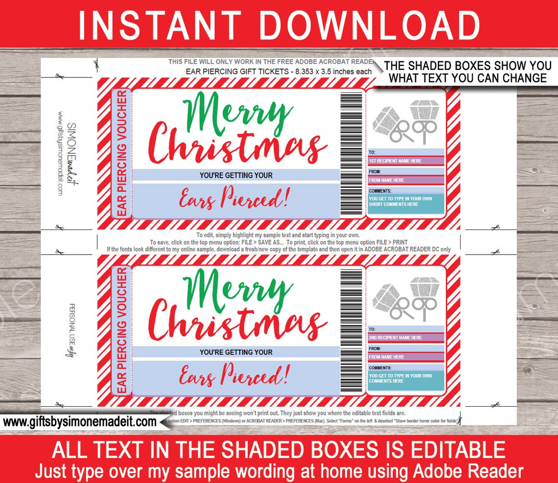 Christmas Ear Piercing Gift Voucher Template Printable Ticket Etsy