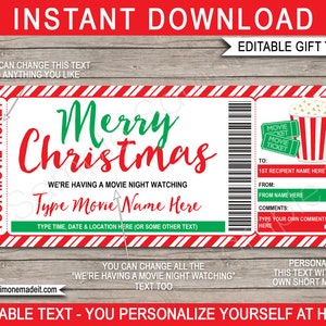 Movie Night Ticket Weihnachtsgeschenkgutschein Vorlage - Surprise Family Movie Night - Theater Kino Gutschein - Bearbeitbar SOFORT DOWNLOAD