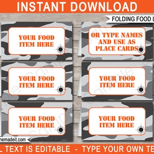 Camo Food Labels: Army Birthday Party Decorations (Editable Text Download)