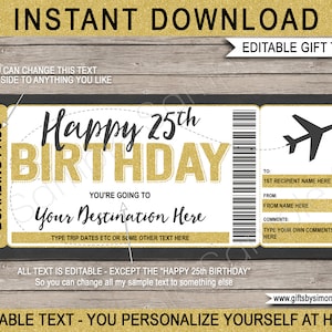 25th Birthday Boarding Pass Template - Surprise Trip Gift - Fake Plane Ticket Coupon - Airplane Flight Destination - EDITABLE TEXT DOWNLOAD